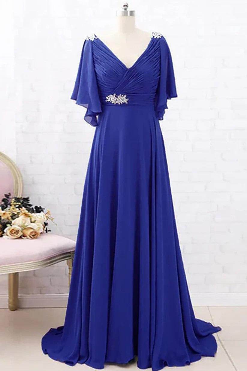 A-Line Sweep-Brush Train Chiffon Mother Dress CM0082 - Royal Blue - COCOMELODY